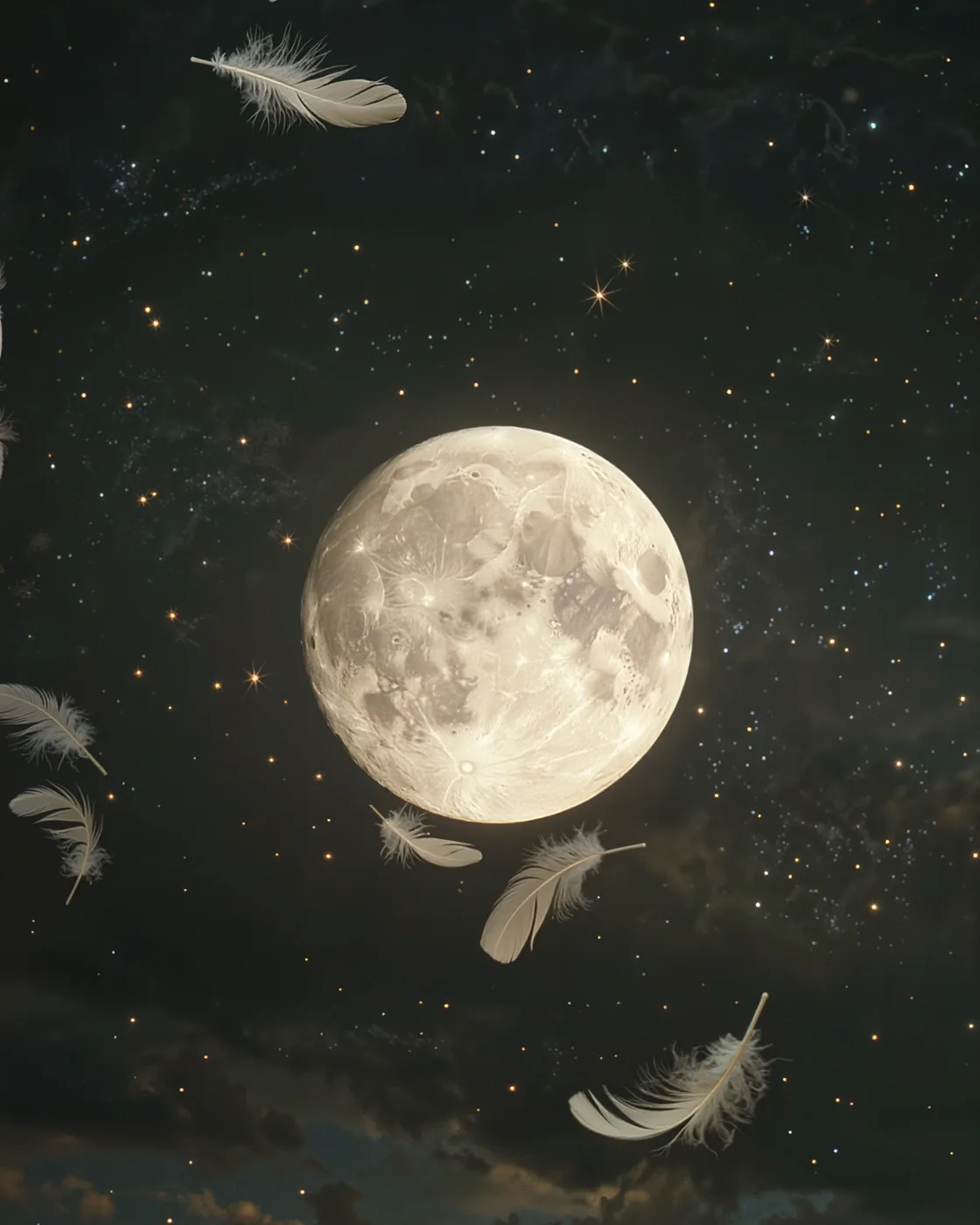 Vollmond mit schwebenden Federn am Nachthimmel
